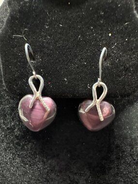 Sterling Silver 925 Heart-Shaped Purple Cats Eye Drop Earrings